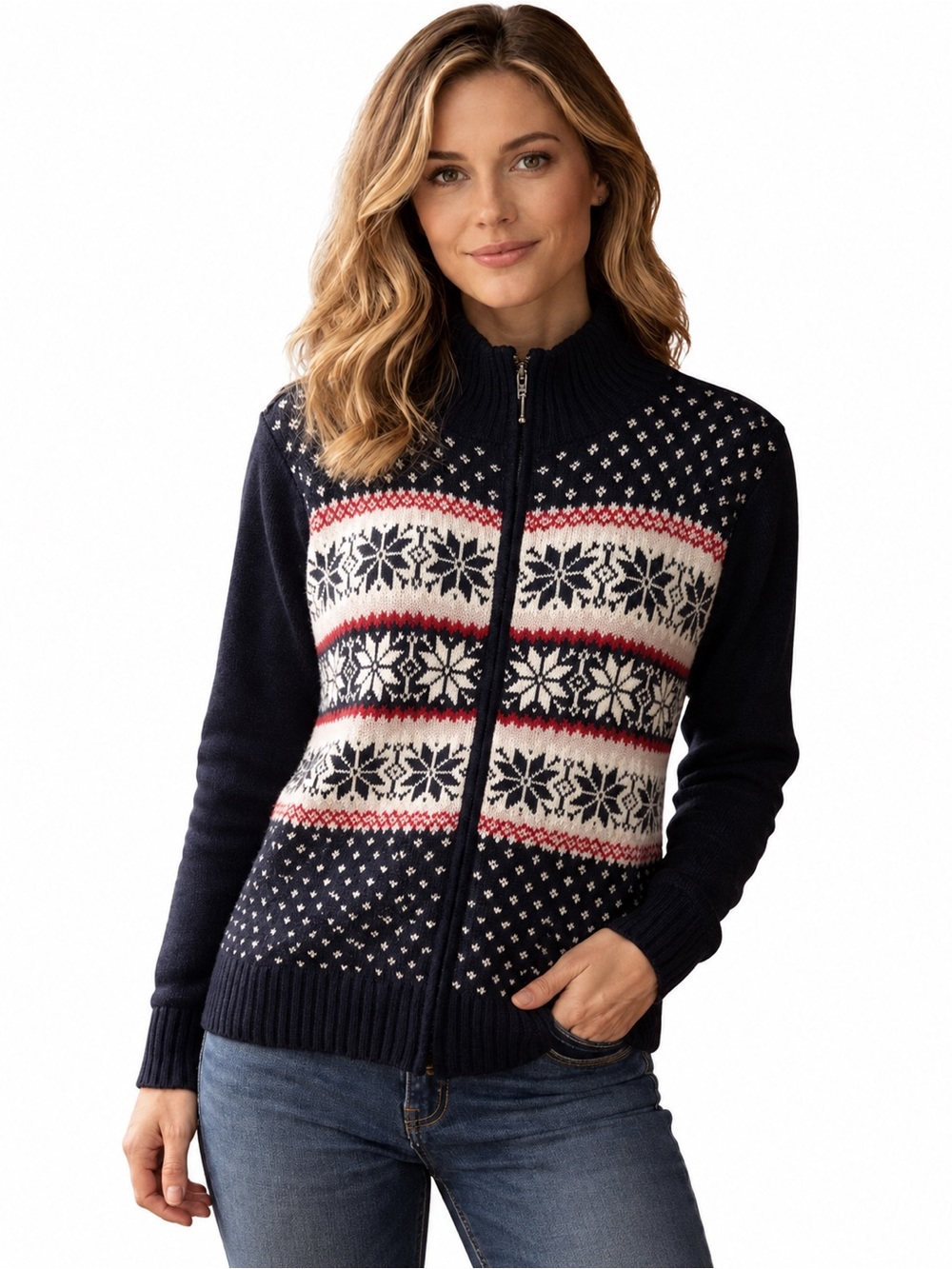 Y2K Fair Isle Zip Front Mock Neck Black and Red Sweater Ramie Cotton Size 14/16